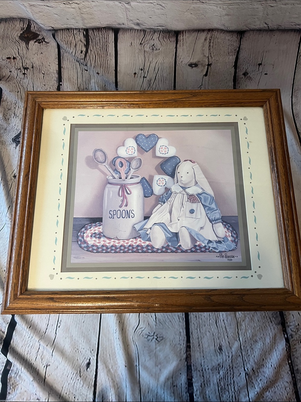 Vintage 1990 Pat Pearson Country Bunny Kitchen Framed Wall Art Cottagecore